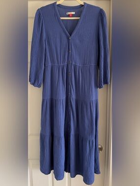 MARINE LAYER Willow Doublecloth V-Neck Blue Button-Front Tiered Midi Dress Sz M